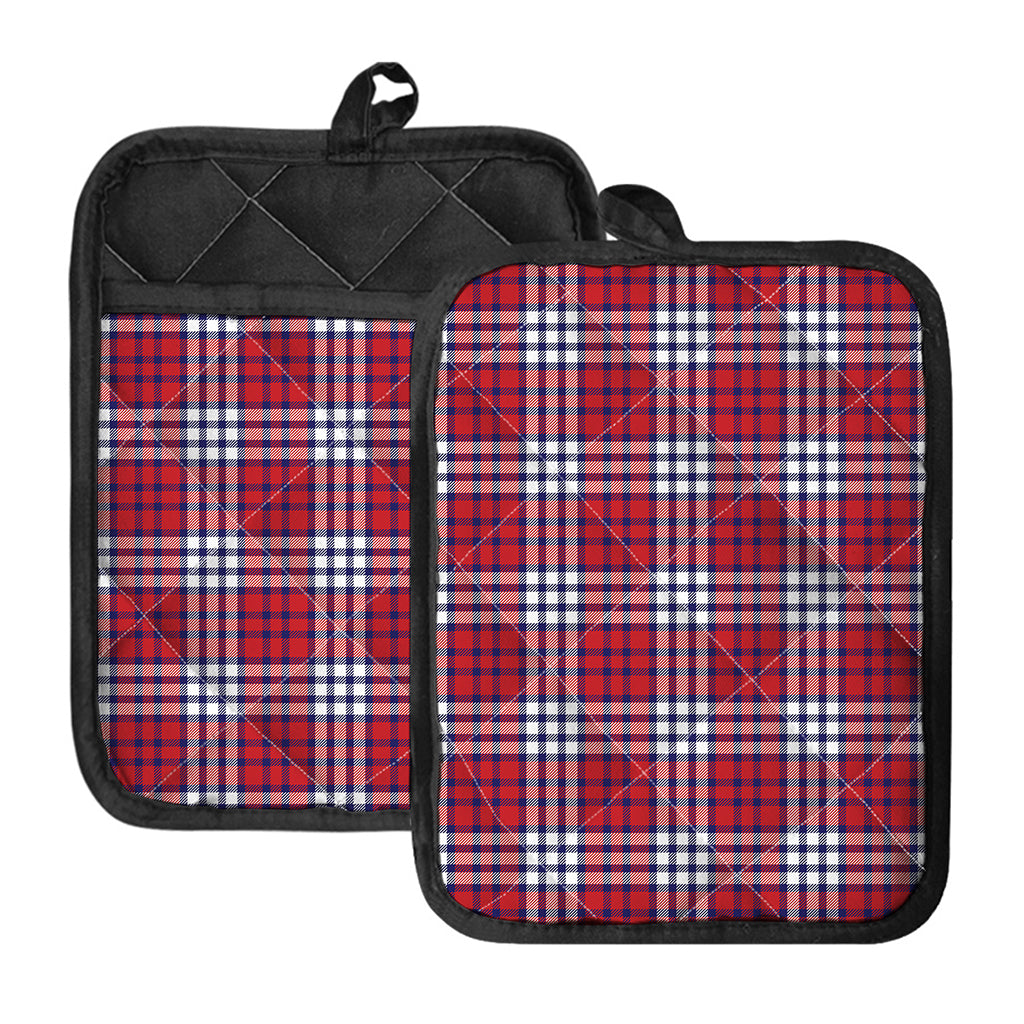 Blue Red And White USA Plaid Print Pot Holders With Pocket