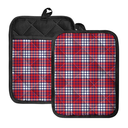 Blue Red And White USA Plaid Print Pot Holders With Pocket