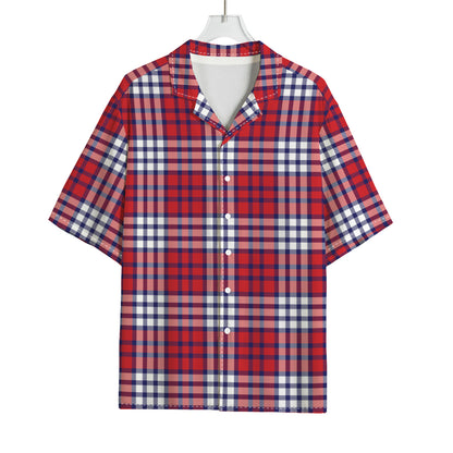 Blue Red And White USA Plaid Print Rayon Hawaiian Shirt