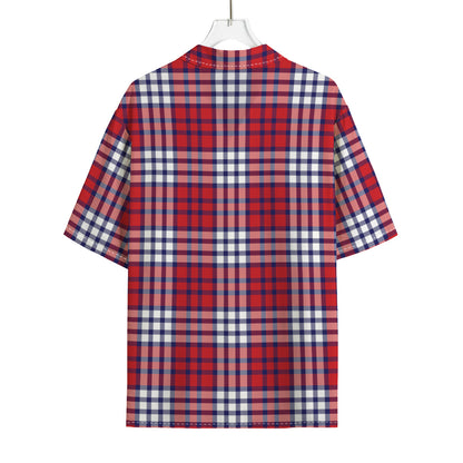 Blue Red And White USA Plaid Print Rayon Hawaiian Shirt