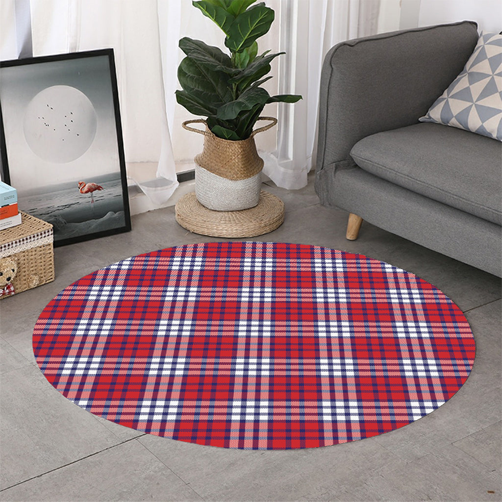 Blue Red And White USA Plaid Print Round Rug