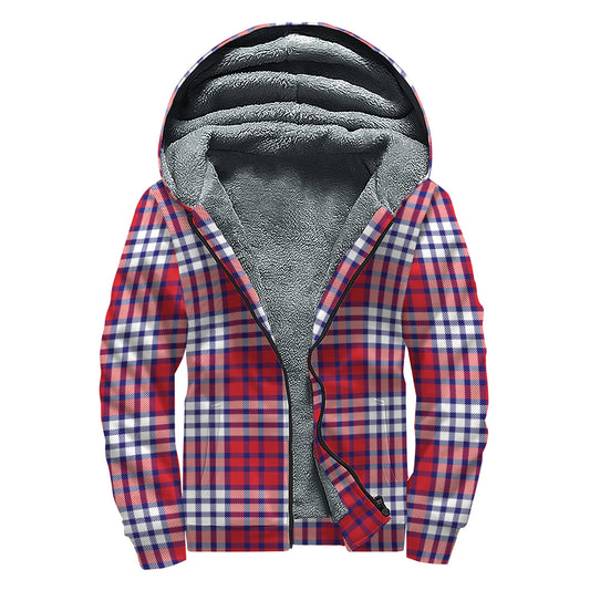 Blue Red And White USA Plaid Print Sherpa Lined Zip Up Hoodie