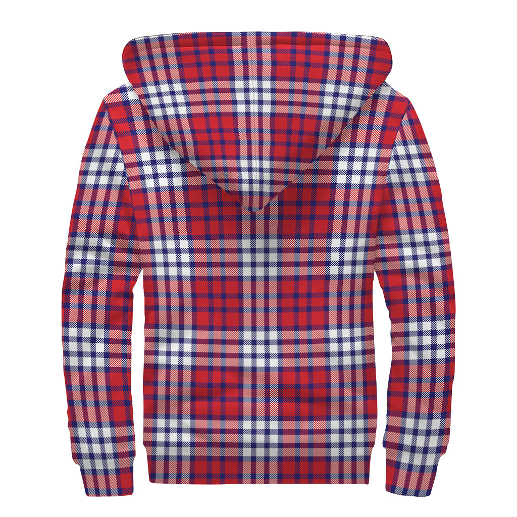 Blue Red And White USA Plaid Print Sherpa Lined Zip Up Hoodie