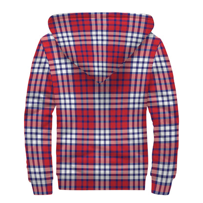 Blue Red And White USA Plaid Print Sherpa Lined Zip Up Hoodie
