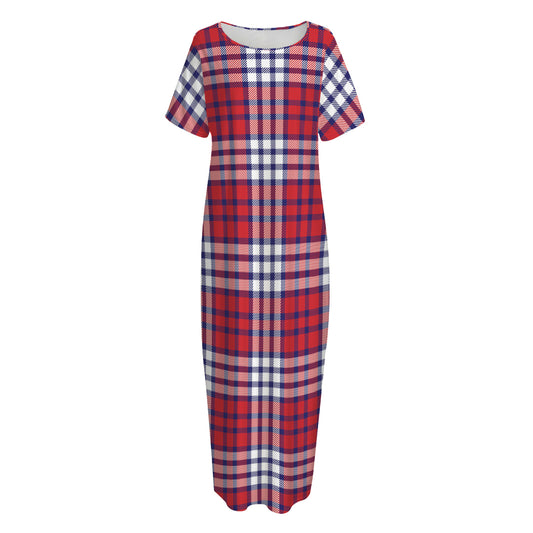 Blue Red And White USA Plaid Print Short Sleeve Long Nightdress