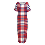 Blue Red And White USA Plaid Print Short Sleeve Long Nightdress