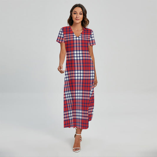 Blue Red And White USA Plaid Print Short Sleeve Maxi Dress