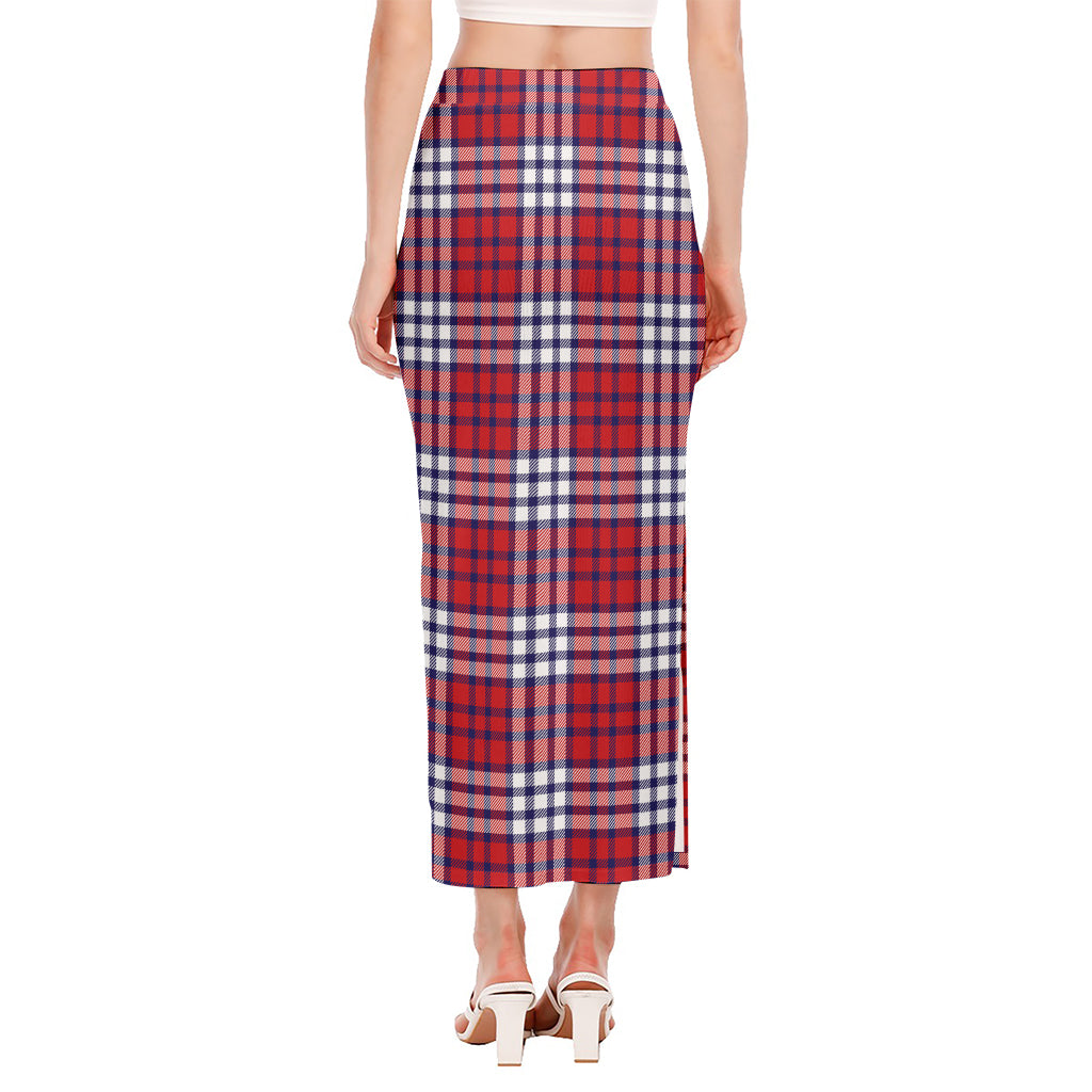 Blue Red And White USA Plaid Print Side Slit Maxi Skirt