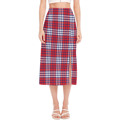 Blue Red And White USA Plaid Print Side Slit Midi Skirt