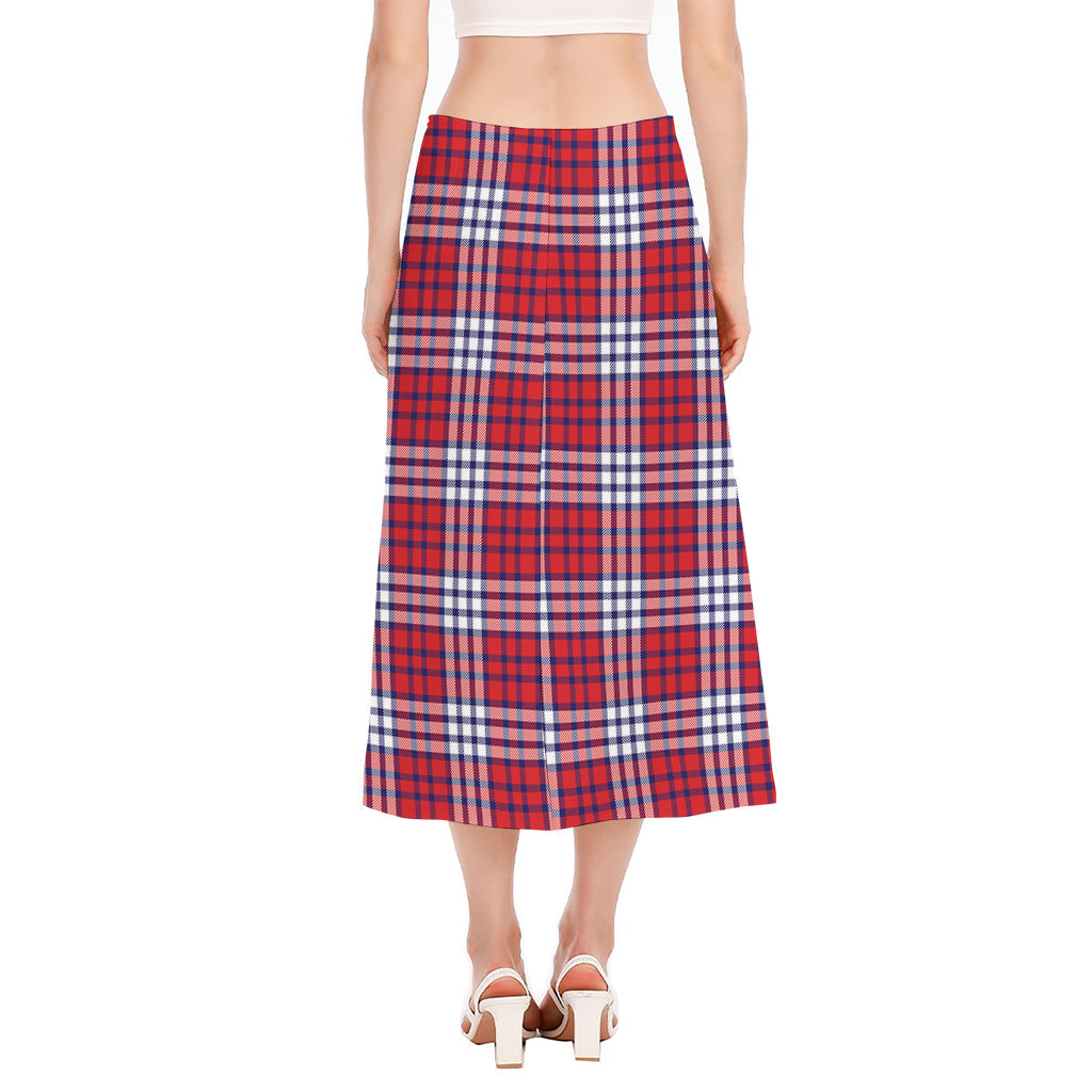 Blue Red And White USA Plaid Print Side Slit Midi Skirt