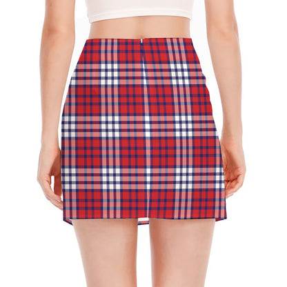 Blue Red And White USA Plaid Print Side Slit Mini Skirt