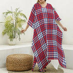 Blue Red And White USA Plaid Print Silk V-Neck Kaftan Dress
