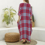 Blue Red And White USA Plaid Print Silk V-Neck Kaftan Dress