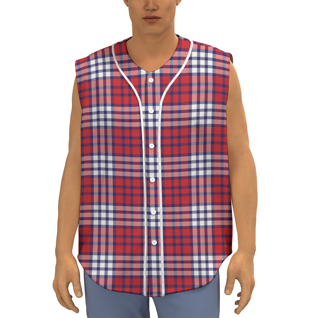Blue Red And White USA Plaid Print Sleeveless Baseball Jersey