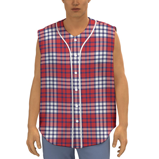 Blue Red And White USA Plaid Print Sleeveless Baseball Jersey