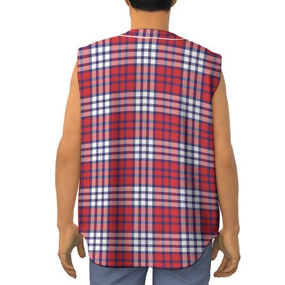 Blue Red And White USA Plaid Print Sleeveless Baseball Jersey