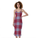 Blue Red And White USA Plaid Print Slim Fit Midi Cami Dress