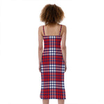 Blue Red And White USA Plaid Print Slim Fit Midi Cami Dress