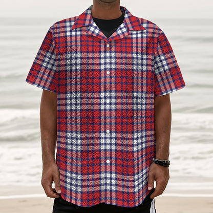 Blue Red And White USA Plaid Print Textured Short Sleeve Shirt