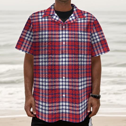 Blue Red And White USA Plaid Print Textured Short Sleeve Shirt