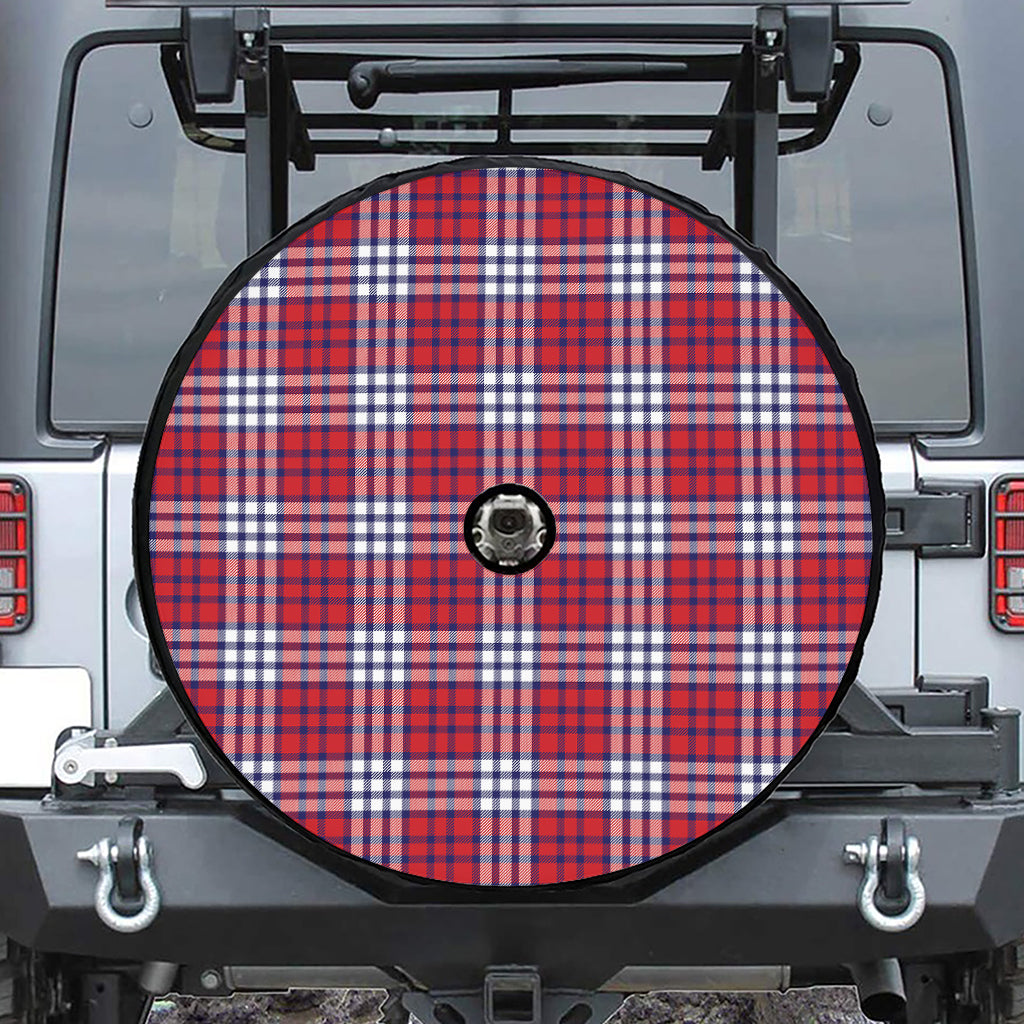 Blue Red And White USA Plaid Print Tire Cover With Camera Hole