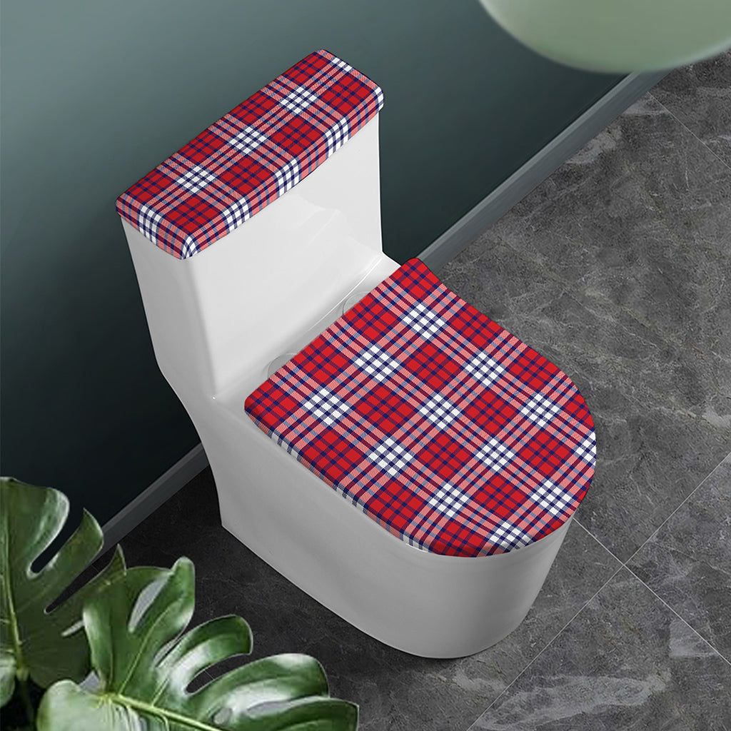 Blue Red And White USA Plaid Print Toilet Lid And Tank Cover Set
