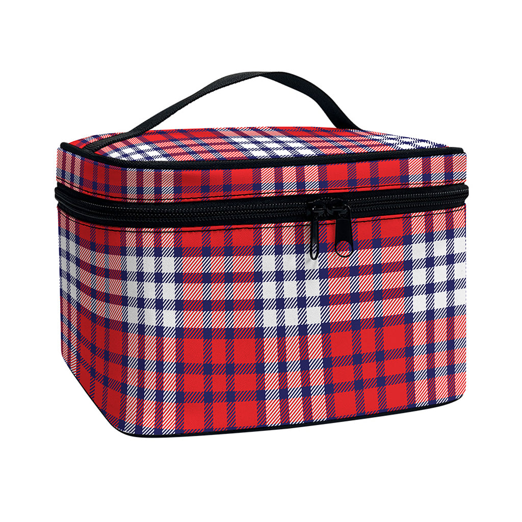 Blue Red And White USA Plaid Print Travel Makeup Bag
