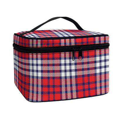 Blue Red And White USA Plaid Print Travel Makeup Bag