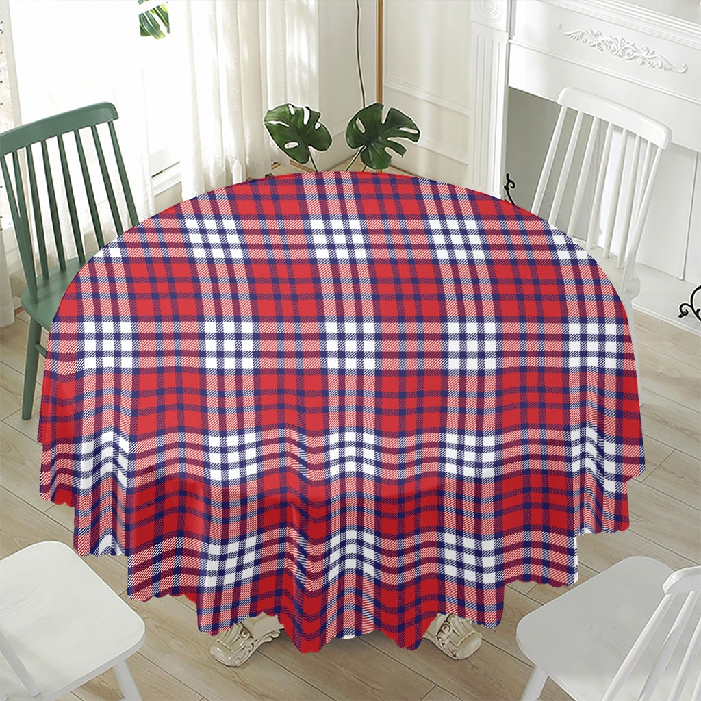 Blue Red And White USA Plaid Print Waterproof Round Tablecloth