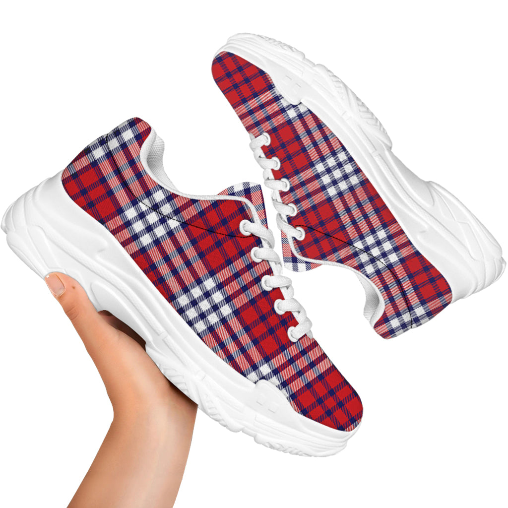 Blue Red And White USA Plaid Print White Chunky Shoes