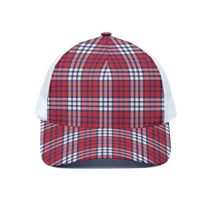 Blue Red And White USA Plaid Print White Mesh Trucker Cap