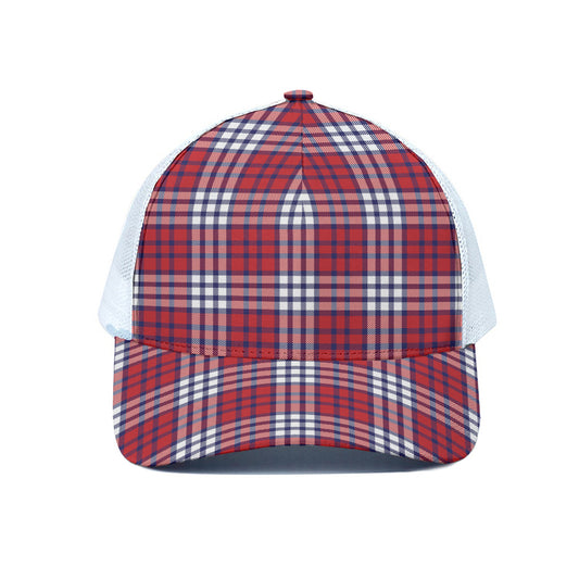 Blue Red And White USA Plaid Print White Mesh Trucker Cap
