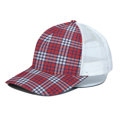 Blue Red And White USA Plaid Print White Mesh Trucker Cap