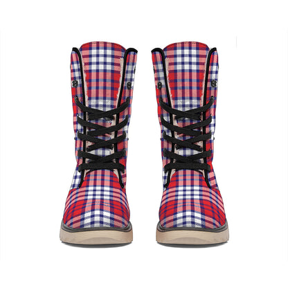 Blue Red And White USA Plaid Print Winter Boots