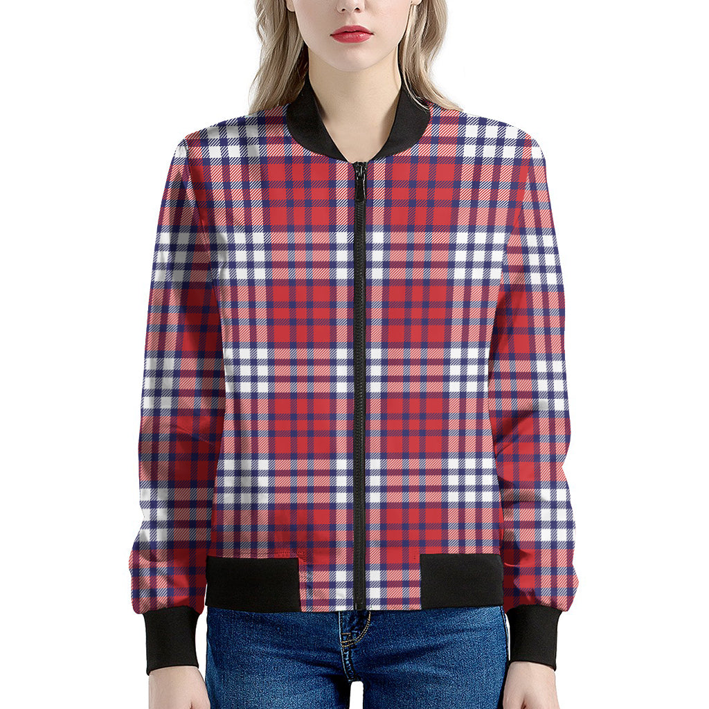 Blue Red And White USA Plaid Print Women's Bomber Jacket