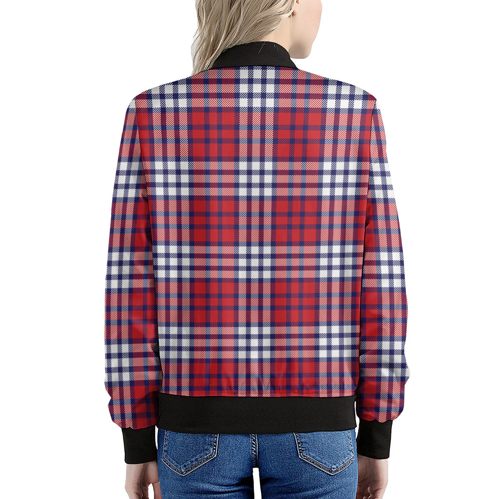 Blue Red And White USA Plaid Print Women's Bomber Jacket