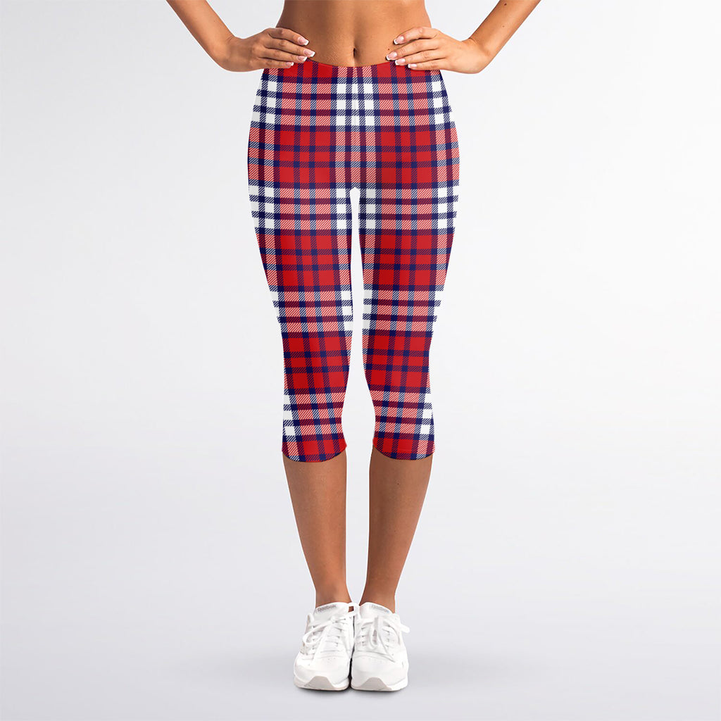 Blue Red And White USA Plaid Print Women's Capri Leggings