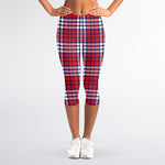 Blue Red And White USA Plaid Print Women's Capri Leggings