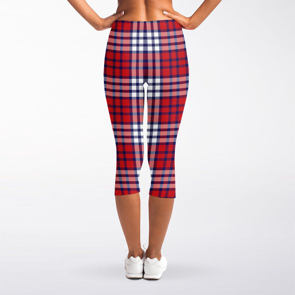 Blue Red And White USA Plaid Print Women's Capri Leggings