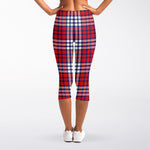 Blue Red And White USA Plaid Print Women's Capri Leggings