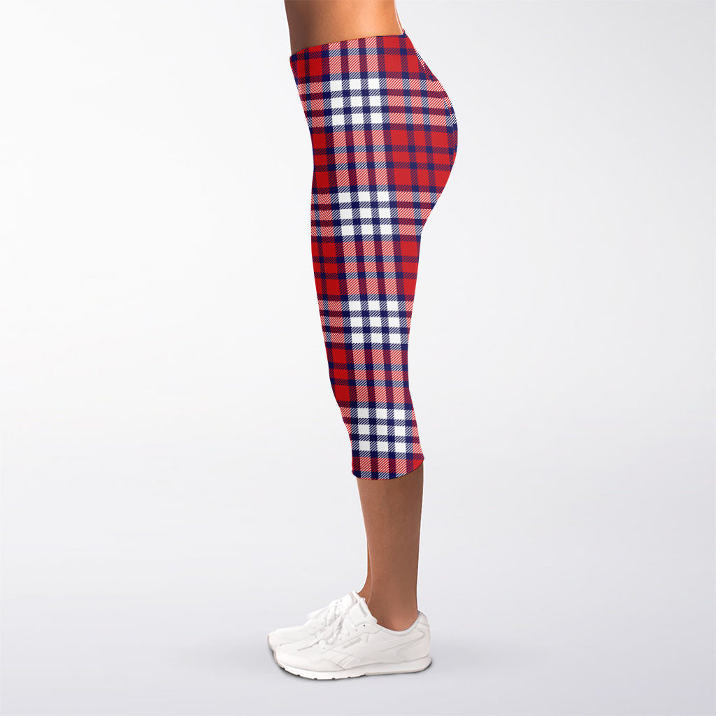 Blue Red And White USA Plaid Print Women's Capri Leggings