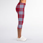 Blue Red And White USA Plaid Print Women's Capri Leggings