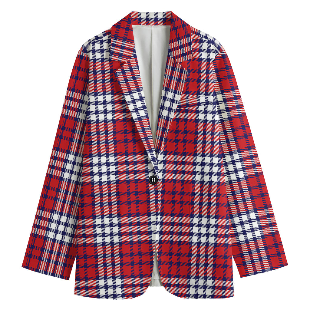 Blue Red And White USA Plaid Print Women's Cotton Blazer