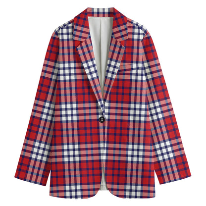 Blue Red And White USA Plaid Print Women's Cotton Blazer