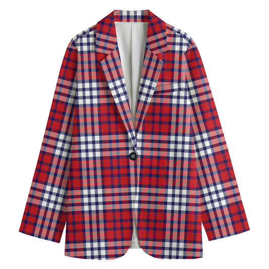 Blue Red And White USA Plaid Print Women's Cotton Blazer