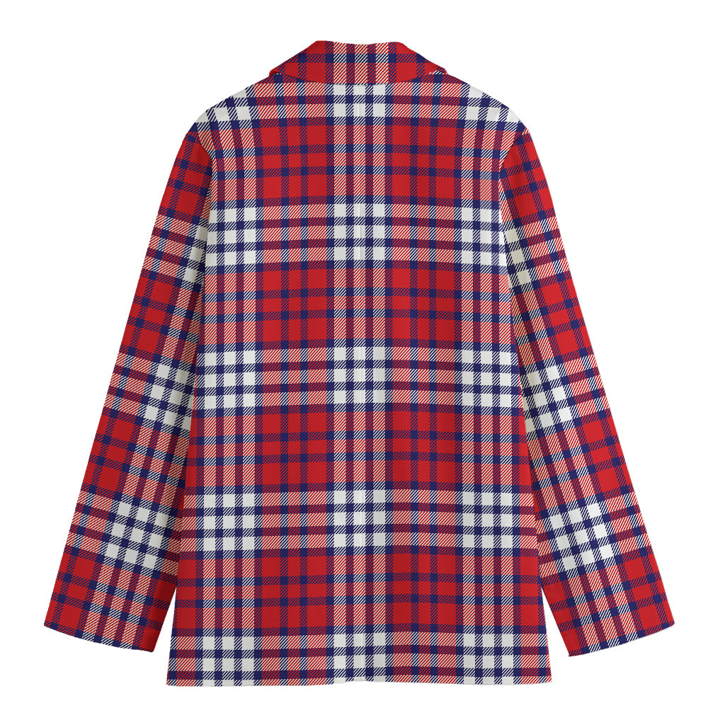 Blue Red And White USA Plaid Print Women's Cotton Blazer