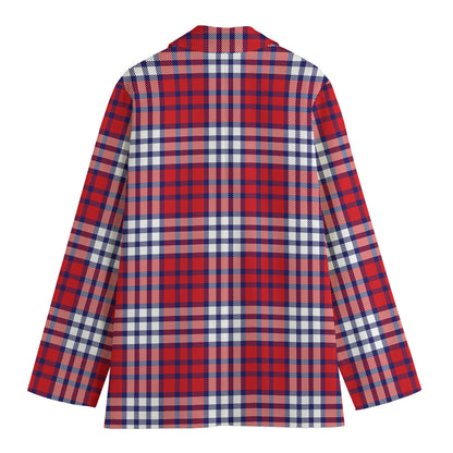 Blue Red And White USA Plaid Print Women's Cotton Blazer