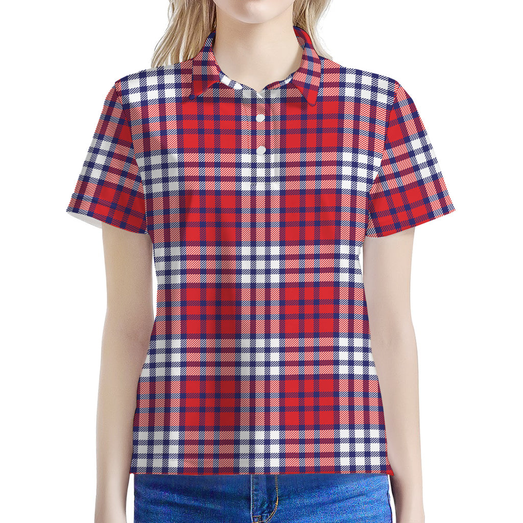 Blue Red And White USA Plaid Print Women's Polo Shirt