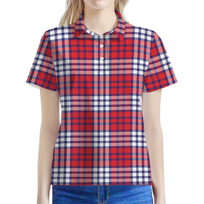 Blue Red And White USA Plaid Print Women's Polo Shirt