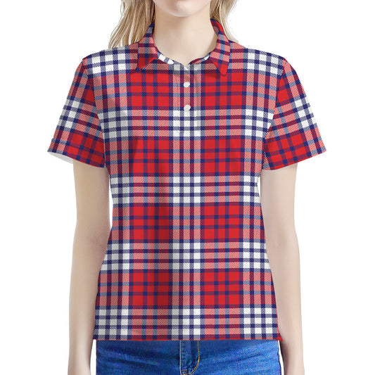 Blue Red And White USA Plaid Print Women's Polo Shirt